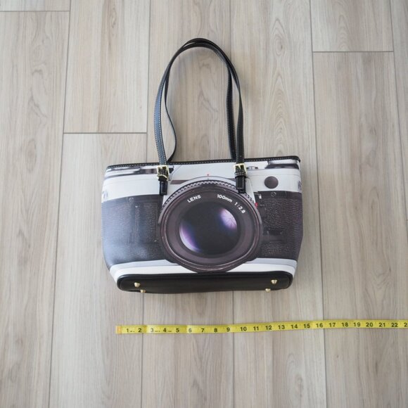 Elevated Indie Camera Lens Print Tote Bag with Zipper top, pockets metal feet - Picture 2 of 11